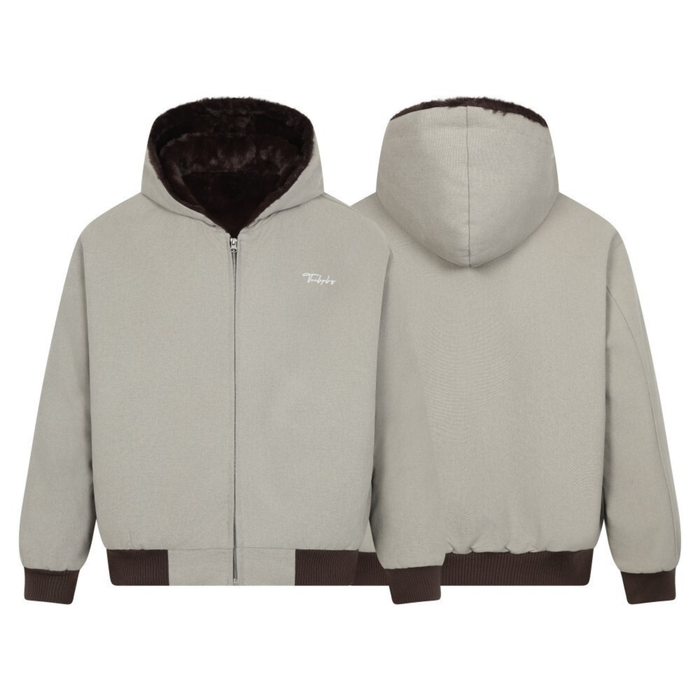Beige fur-lined zip-up hoodie front and back views with brown trim
