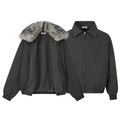 Charcoal grey faux fur-lined winter jacket shown open with sherpa interior and detachable fur collar, alongside closed front