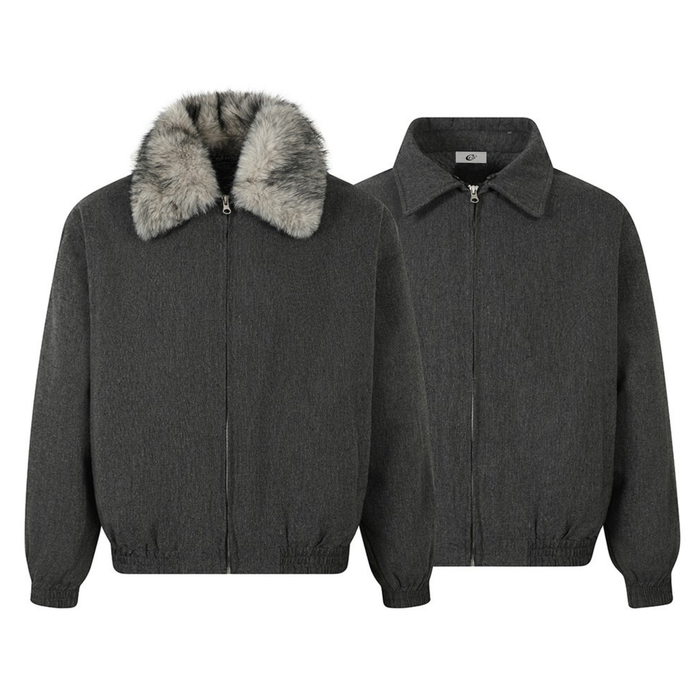 Dark gray sherpa winter jacket shown front and back with detachable faux fur collar