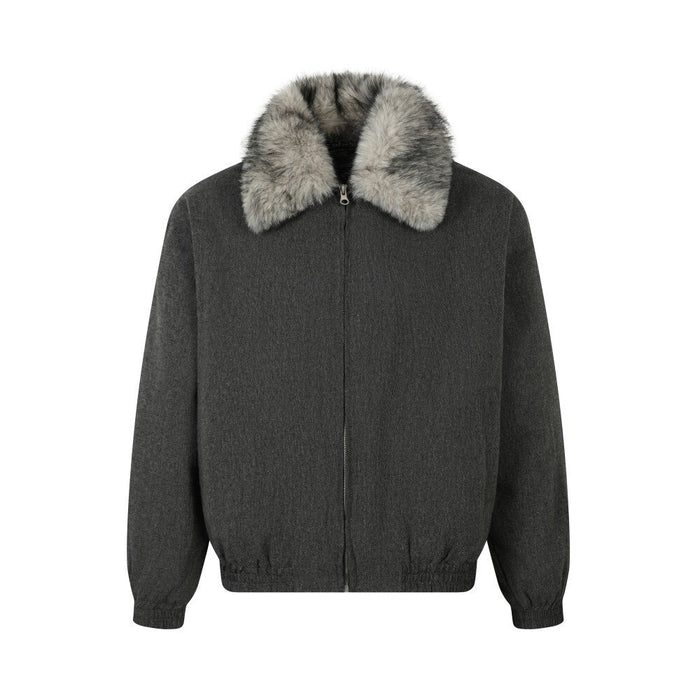 Front view of dark gray winter jacket with zip closure and detachable faux fur collar