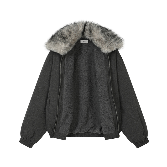 Open dark gray sherpa-lined jacket with faux fur collar and zip front
