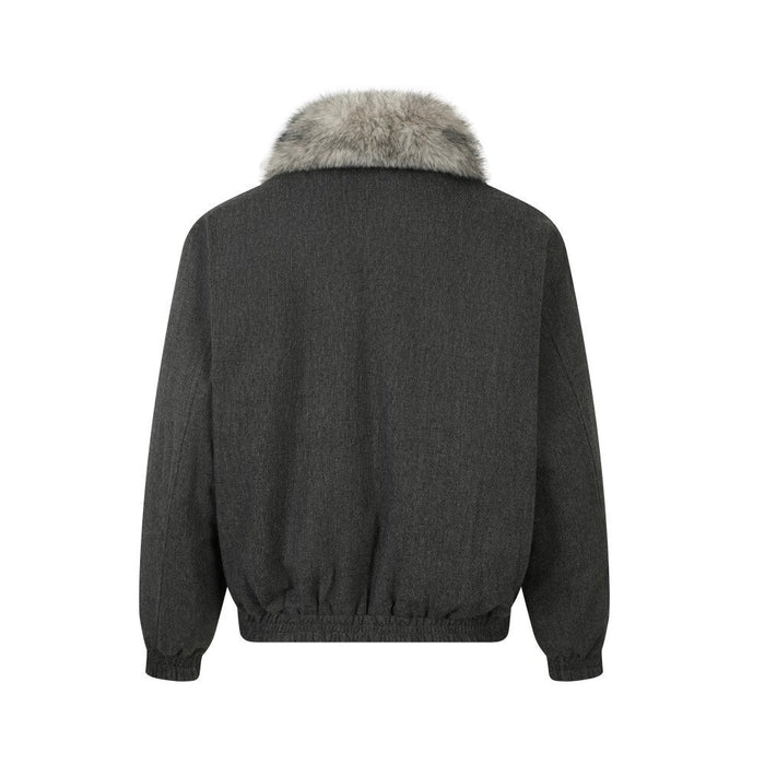 Back view of dark gray winter jacket with detachable faux fur collar