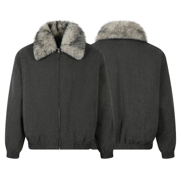 Front and back views of dark gray sherpa winter jacket with faux fur collar