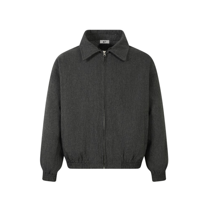 Front view of dark gray jacket with pointed collar and zip closure
