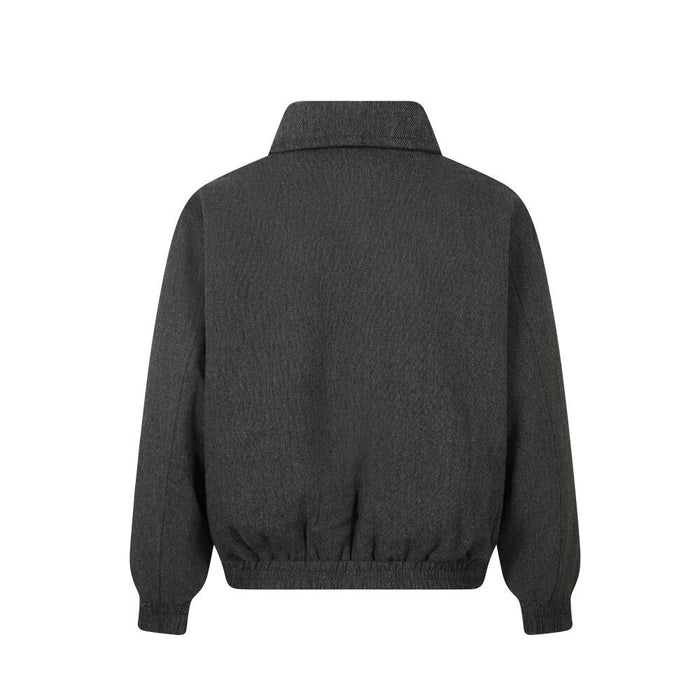 Back view of dark gray jacket with elastic hem and cuffs