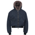 Navy cropped bomber jacket with grey fur-lined hood, X-panel seam construction and full front zip, front view