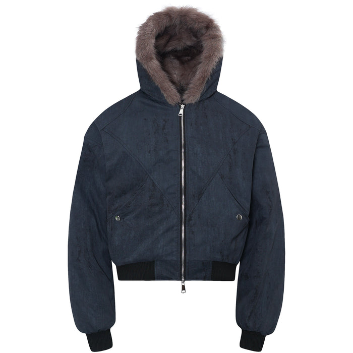 Navy cropped bomber jacket with grey fur-lined hood, X-panel seam construction and full front zip, front view