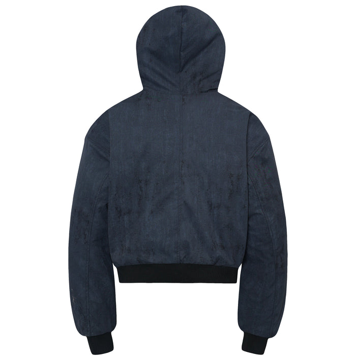 Dark navy cropped bomber jacket back view with hood and ribbed hem