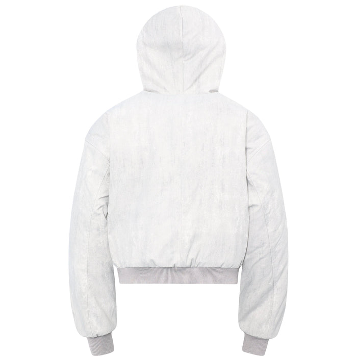 White cropped bomber jacket back view with ribbed hem and long sleeves