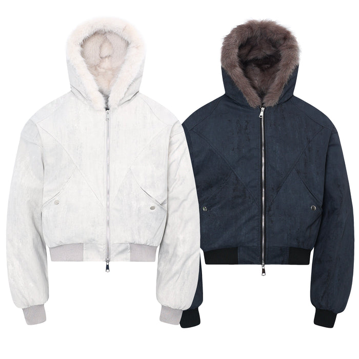 White and navy cropped bomber jackets front view showing both colorways with fur hoods