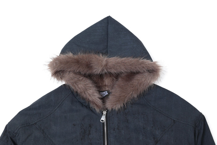 Navy bomber jacket close-up of hood with brown faux fur trim and zipper