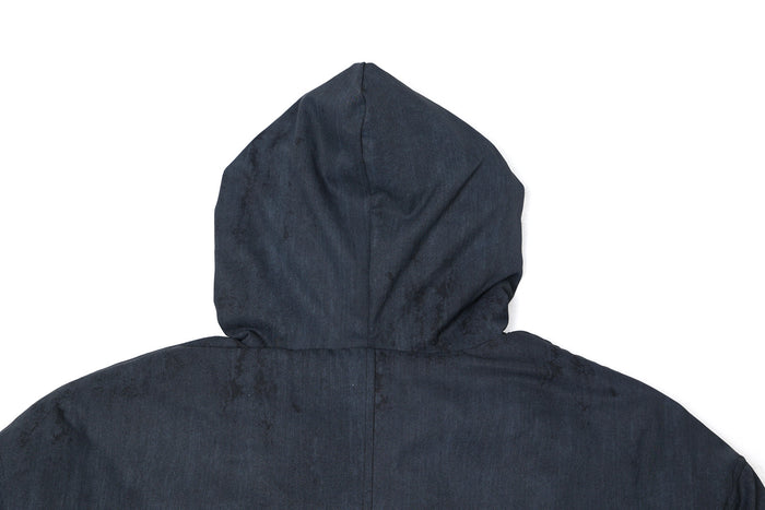 Navy cropped bomber jacket back hood view with clean seam detail
