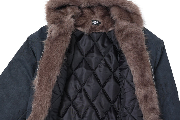 Navy bomber jacket open front showing quilted black lining and faux fur hood