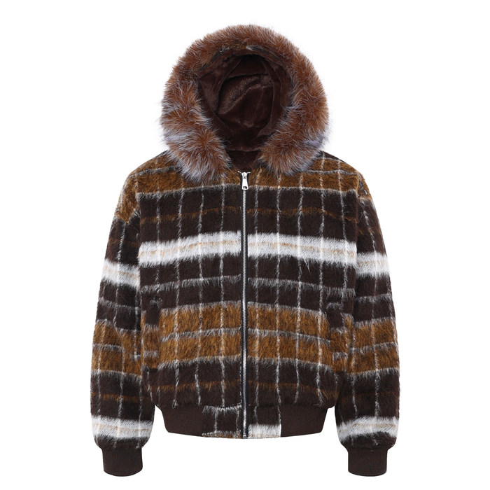 Brown and white plaid bomber jacket with fur-trimmed hood, front view
