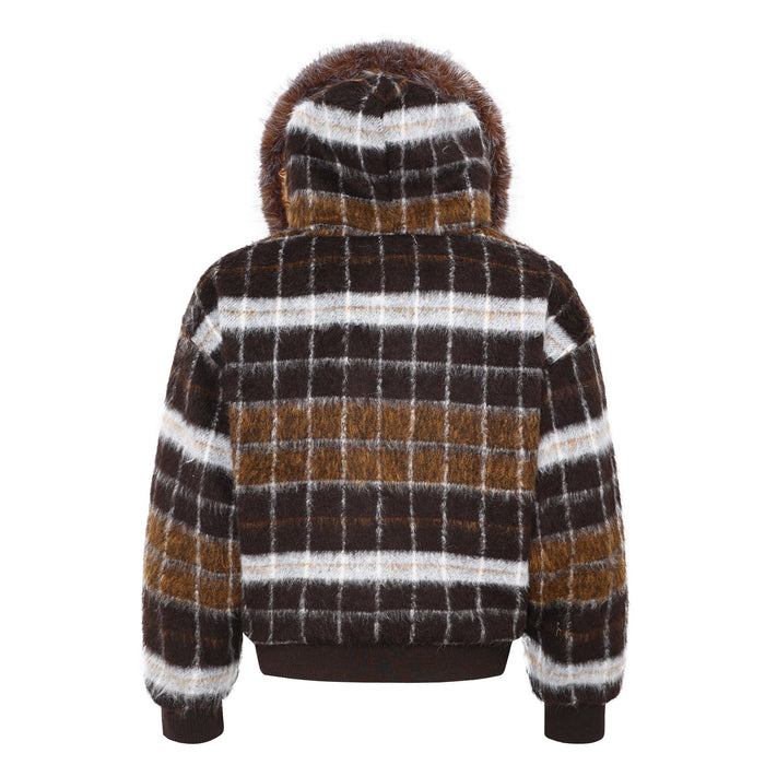 Brown and white plaid bomber jacket, back view with fur-lined hood