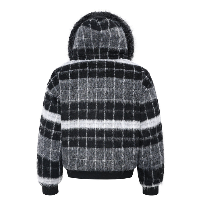 Black and gray plaid bomber jacket, back view with fur-lined hood
