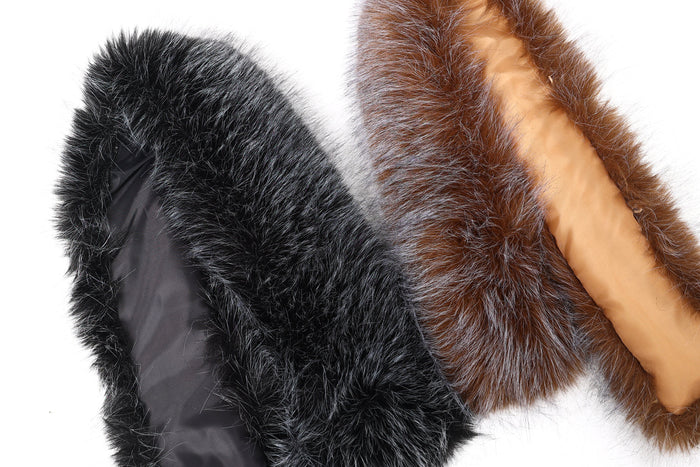 Detached fur hood trim in black and brown colorways