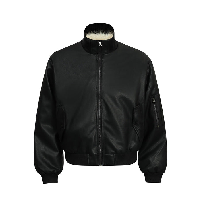 Front view of black matte PU bomber jacket with faux-fur inner collar, full-zip closure and zip sleeve pocket