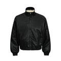 Front view of black matte PU bomber jacket with faux-fur inner collar, full-zip closure and zip sleeve pocket