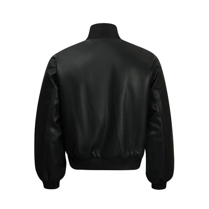 Black PU bomber jacket shown from the back with ribbed collar and hem