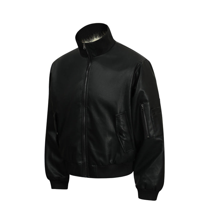 Black PU bomber jacket front view with zip closure and ribbed stand collar