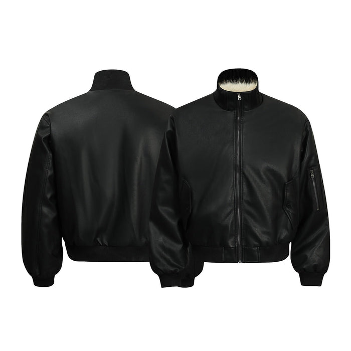 Front and back views of a black PU bomber jacket with ribbed trim