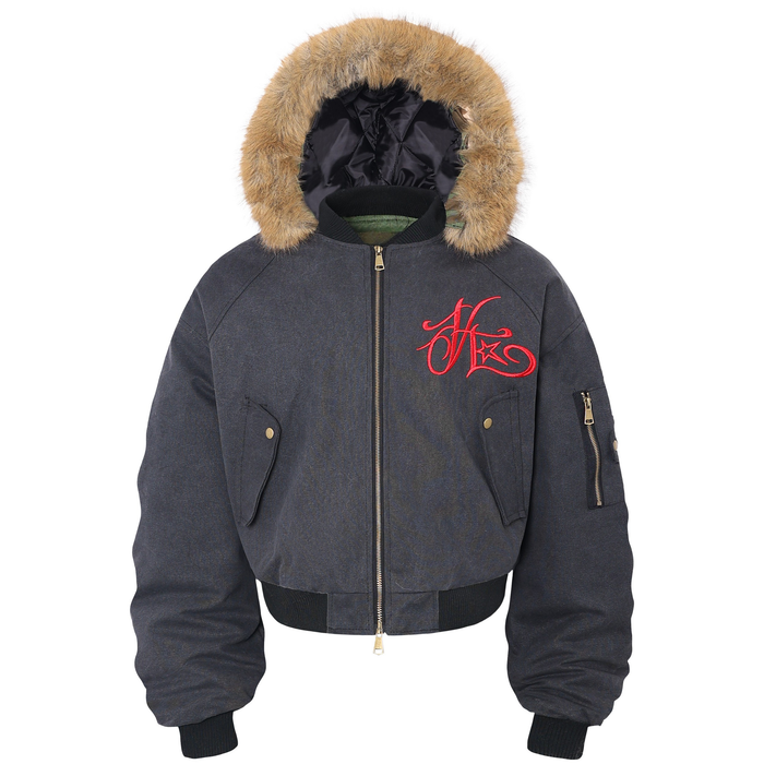 Black bomber jacket front with fur-trim hood and red embroidered chest logo