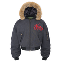 Black bomber jacket front with fur-trim hood and red embroidered chest logo