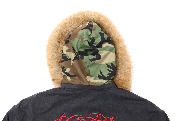 Back of fur-trim hood showing camouflage hood lining