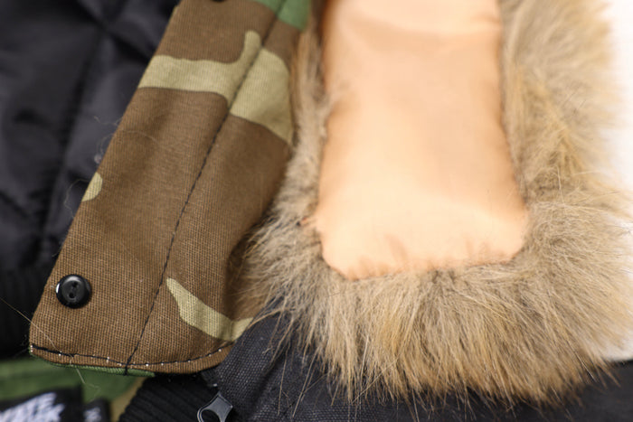Close-up of camouflage cuff trim and tan fur hood edge