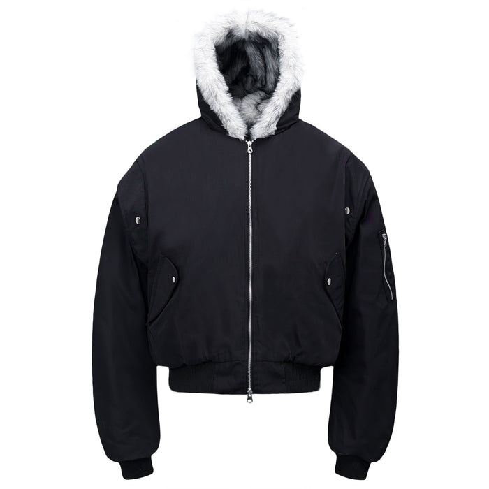 Black nylon cropped bomber jacket with white faux fur-trimmed detachable hood, front zip closure and snap pockets