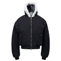 Black nylon cropped bomber jacket with white faux fur-trimmed detachable hood, front zip closure and snap pockets