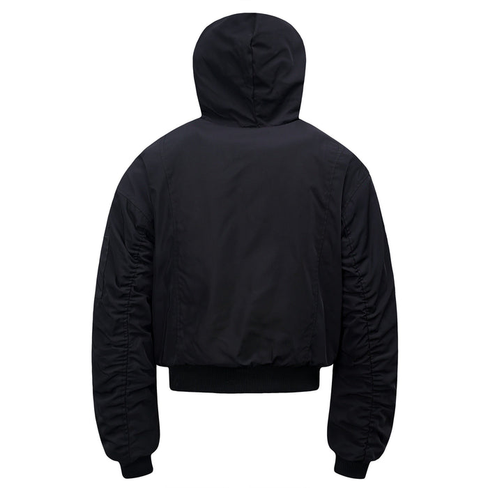 Back view of black nylon bomber jacket with hood and ribbed hem