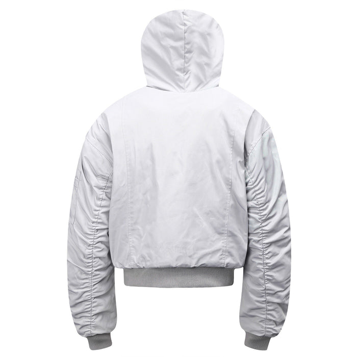 Back view of light gray nylon bomber jacket with hood and ribbed hem