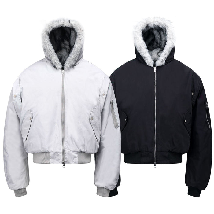 Front view of black and light gray fur-trimmed hooded bomber jackets