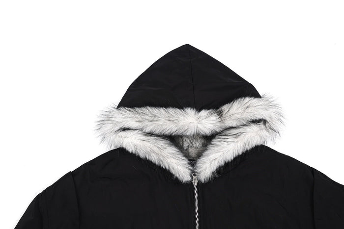 Close-up of black bomber jacket hood with white faux fur trim