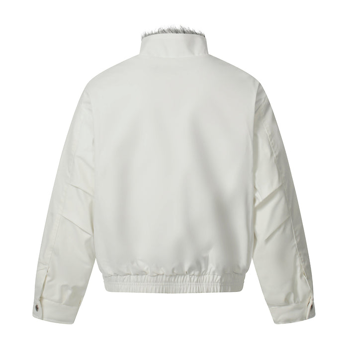 Off-white bomber jacket back view with faux-fur collar and elastic hem