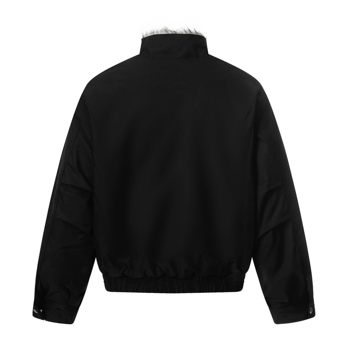 Black bomber jacket back view with faux-fur collar and elastic hem