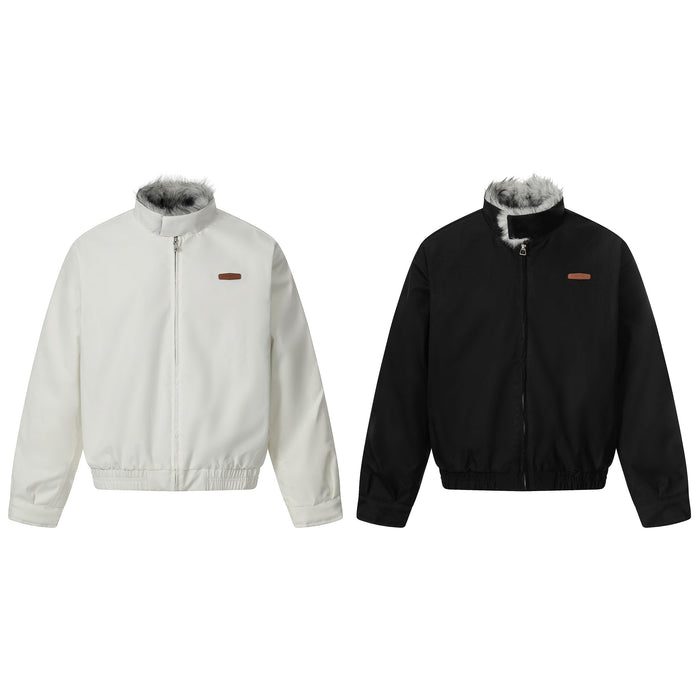 Off-white and black bomber jackets shown front view side by side