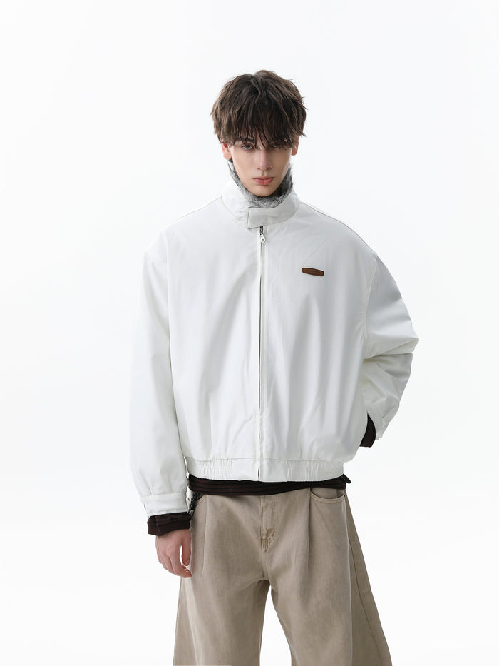 Off-white bomber jacket on model, front view with faux-fur collar and zip closure