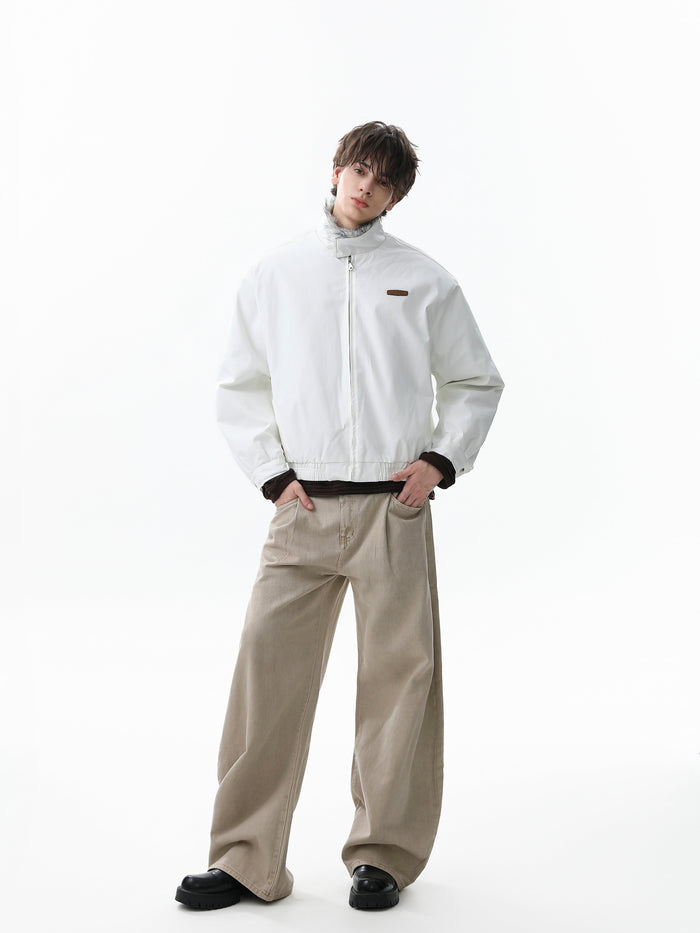 Off-white bomber jacket on model with relaxed fit and faux-fur collar