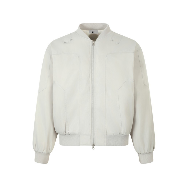 Cream bomber jacket front view with zip closure, ribbed collar, cuffs and hem