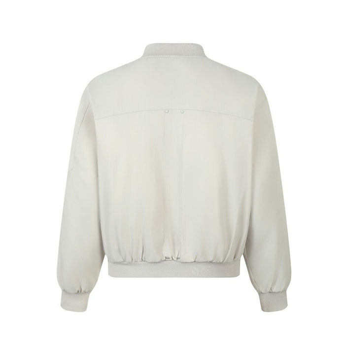 Cream bomber jacket back view with ribbed collar, cuffs and hem