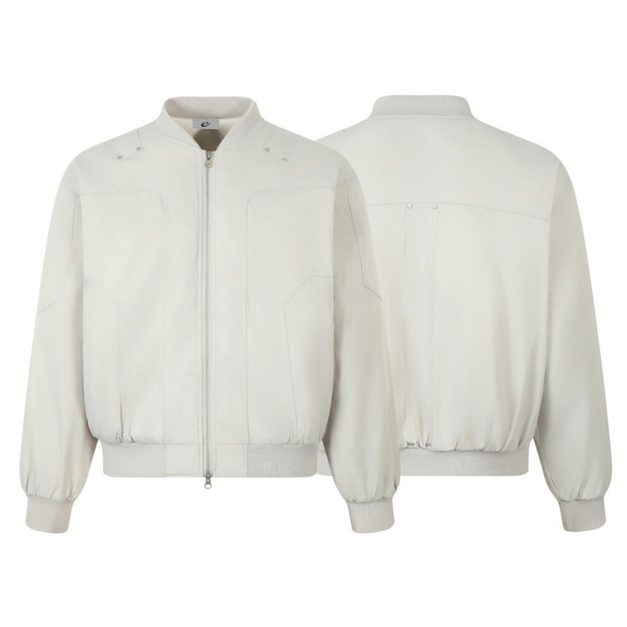 Cream bomber jacket front and back views showing minimalist structured design