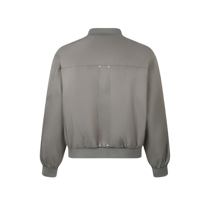 Gray bomber jacket back view with ribbed collar, cuffs and hem