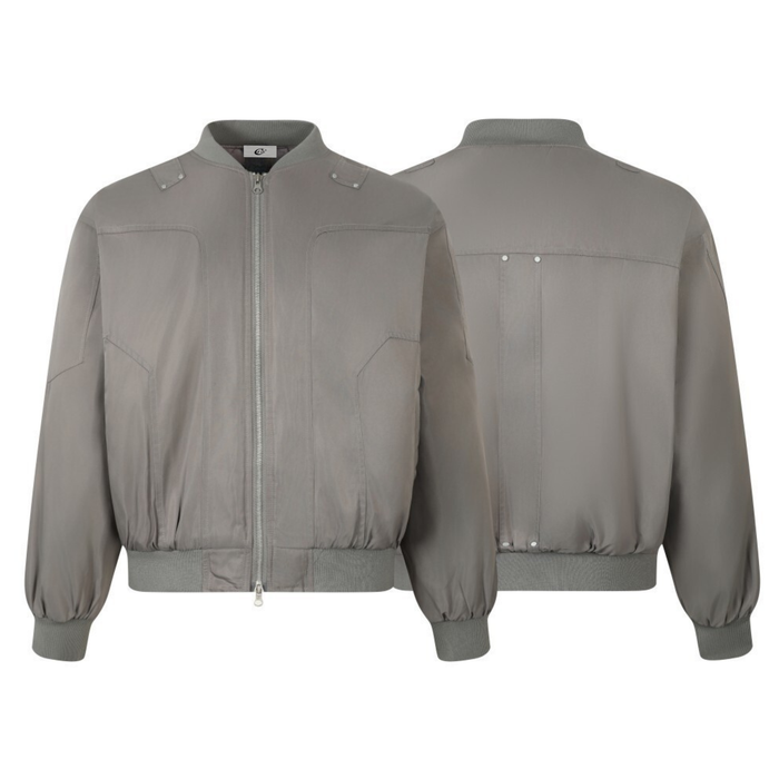 Gray bomber jacket front and back views showing structured streetwear fit
