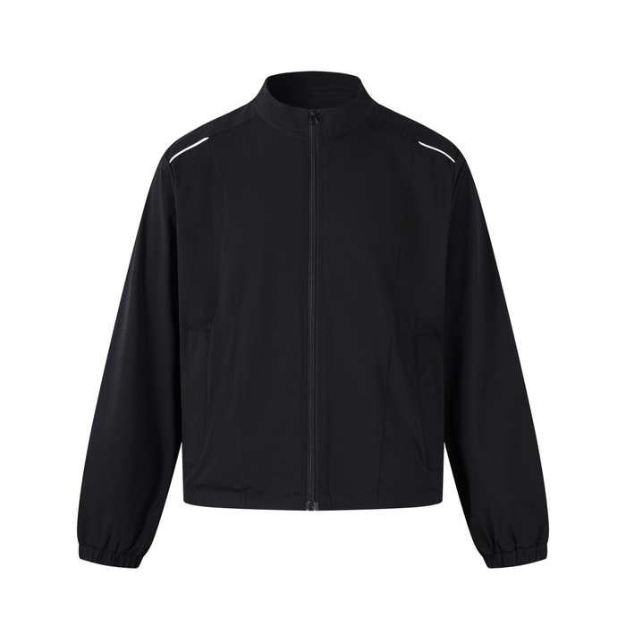 Black zip-up track jacket with white shoulder piping and elastic cuffs, front view