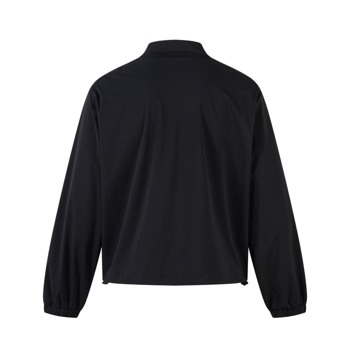 Black track jacket with a stand collar and long sleeves, back view