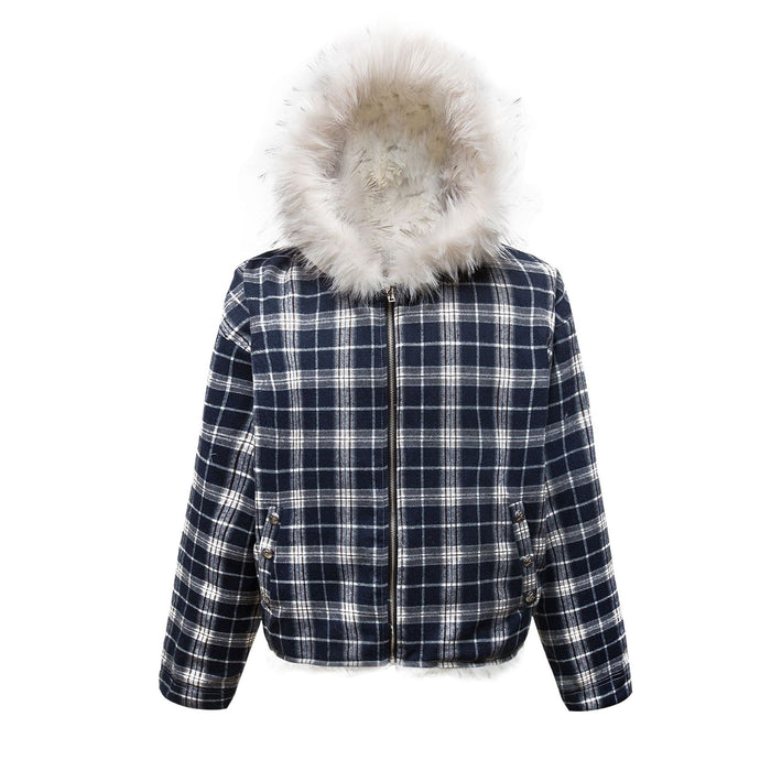Navy plaid cotton bomber jacket with oversized white fur-trim hood and full front zip closure, front view