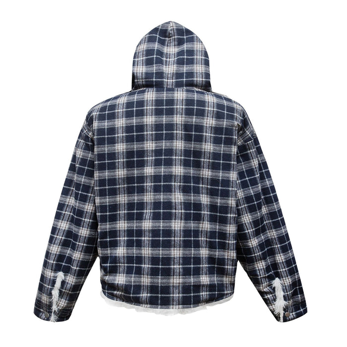 Back view of navy plaid cotton jacket with hood and white fur trim